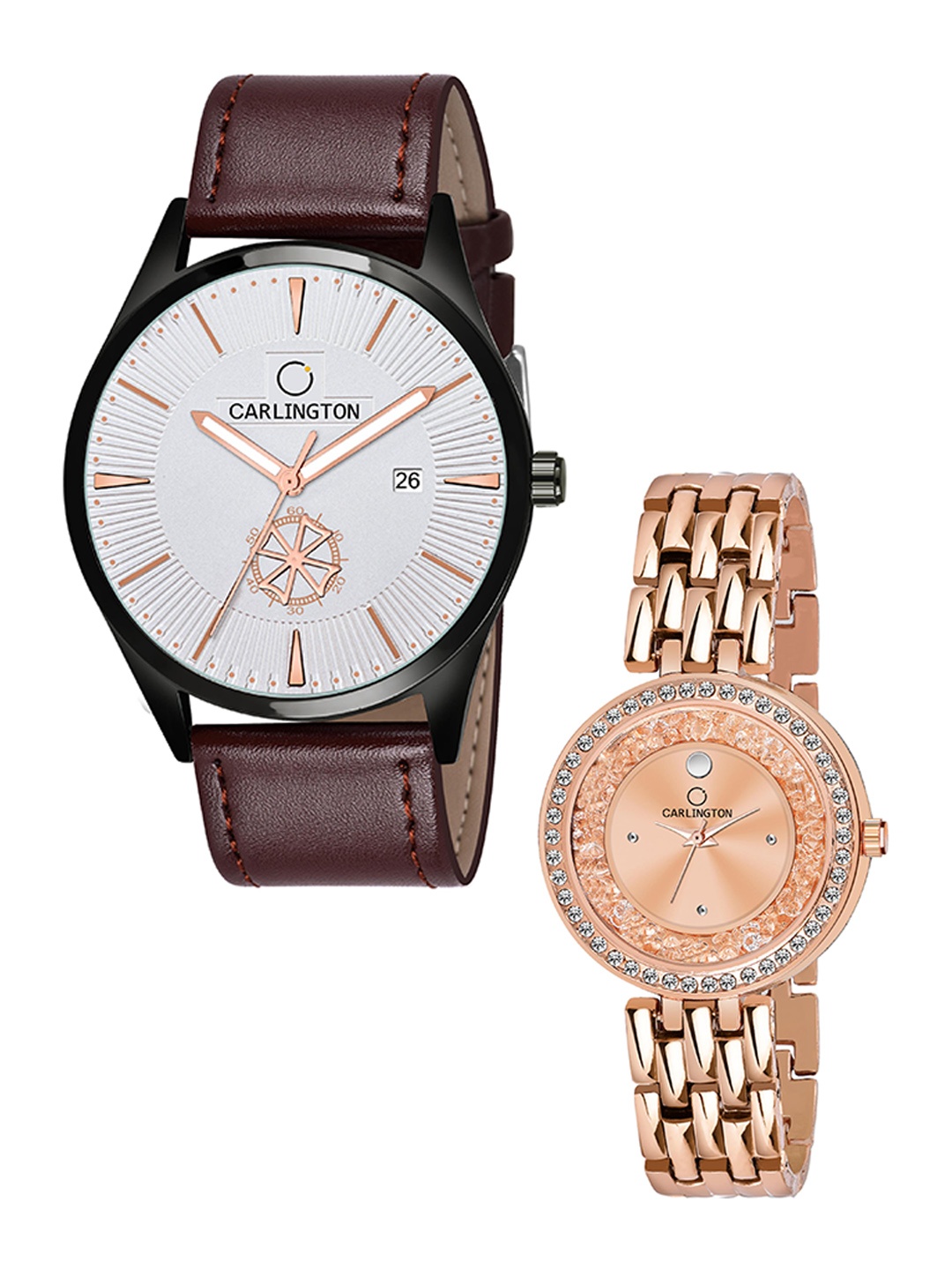 

CARLINGTON His and Her White Dial & Brown Straps Analogue Watch Combo-CT1020 BrownSilver