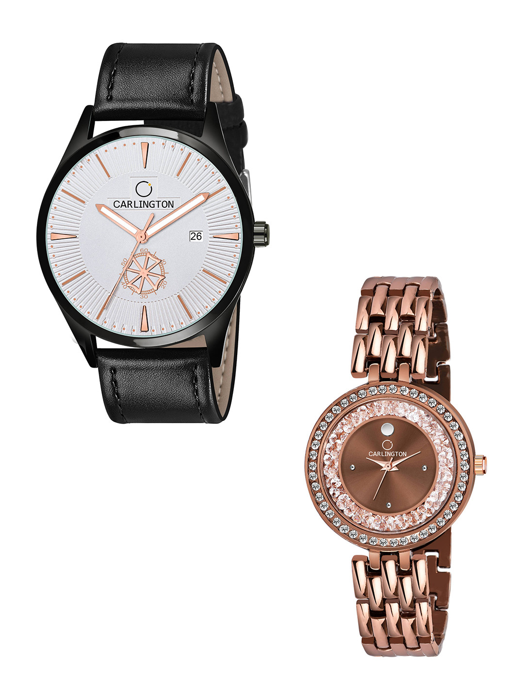 

CARLINGTON His and Her White Dial & Black Straps Analogue Watch Combo- CT1020 BlackSilver