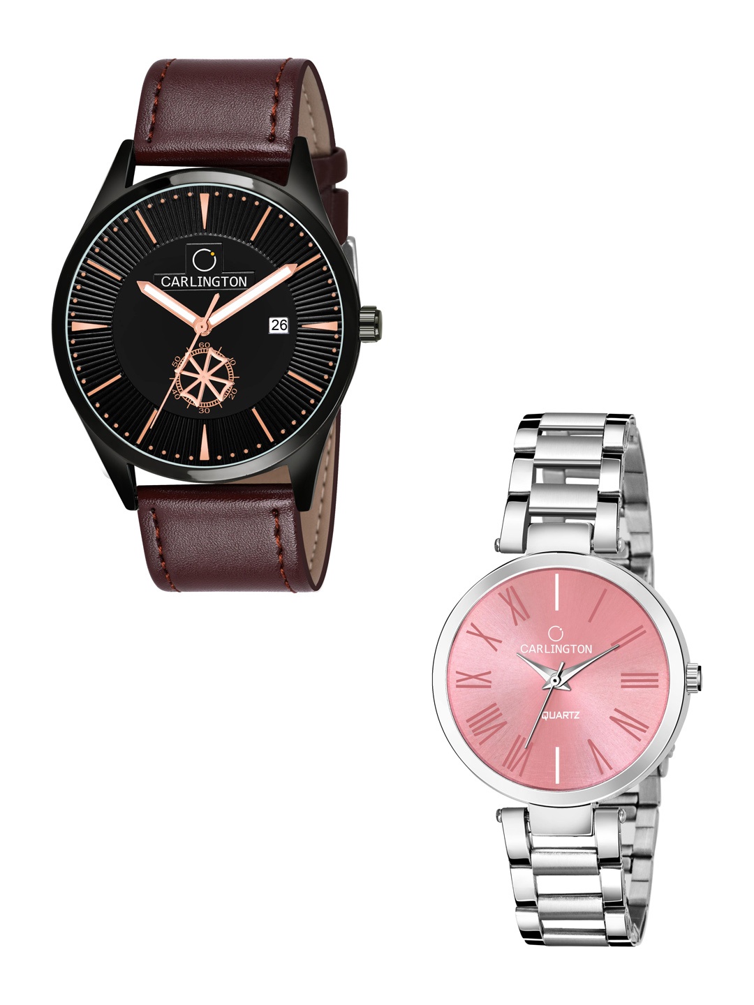 

CARLINGTON His and Her Black Dial & Brown Straps Analogue Watch Combo-CT1020 BrownBlack