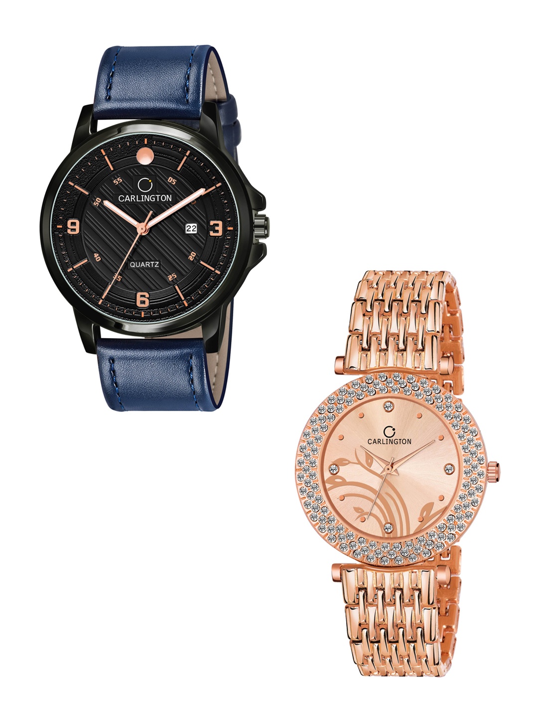 

CARLINGTON His and Her Rose Gold-Toned Dial & Straps Analogue Watch Combo-CT1050 BlueBlack, Blue