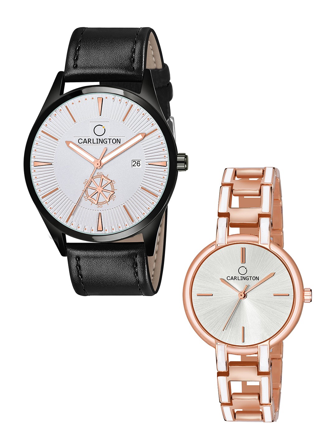 

CARLINGTON His and Her White Dial & Black Straps Analogue Watch Combo- CT1020 BlackSilver