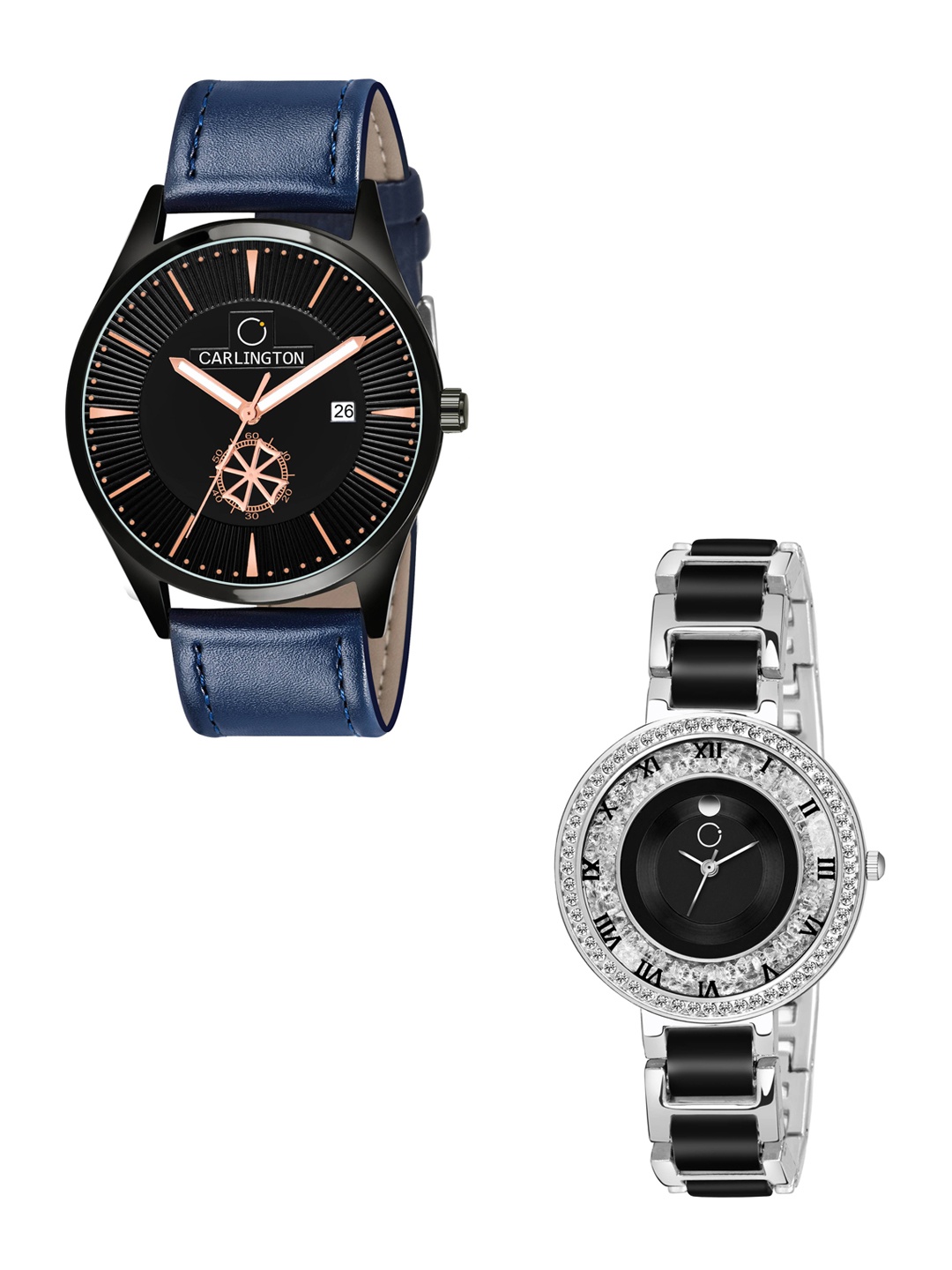 

CARLINGTON Unisex Black Dial & Blue Leather Straps Analogue Couple Watch CT1020 BlueBlack