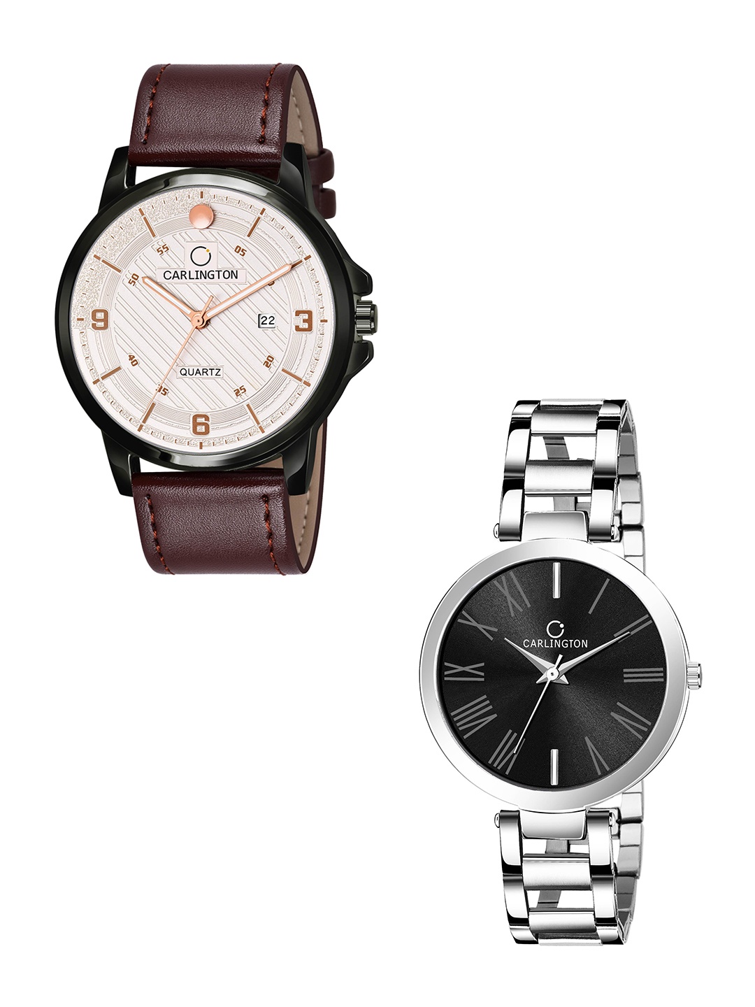 

CARLINGTON Unisex Silver Dial & Brown Leather Straps Analogue Couple Watch CT1050