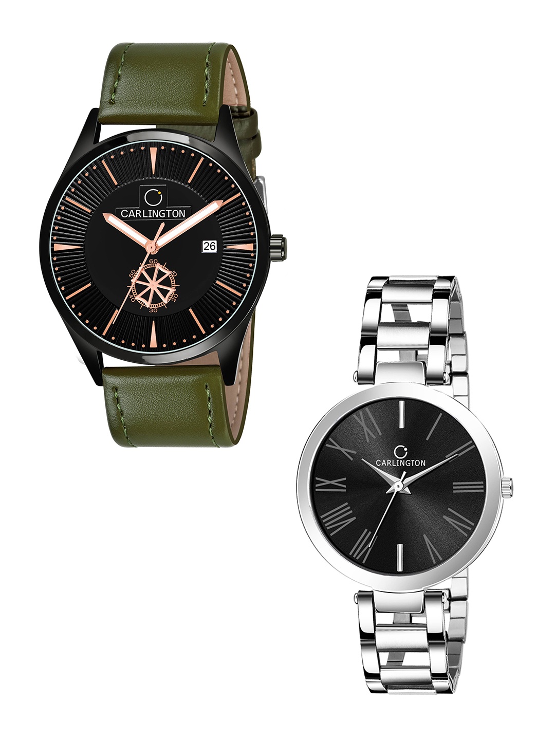 

CARLINGTON Unisex Black Dial & Green Leather Straps Analogue Couple Watch CT1020