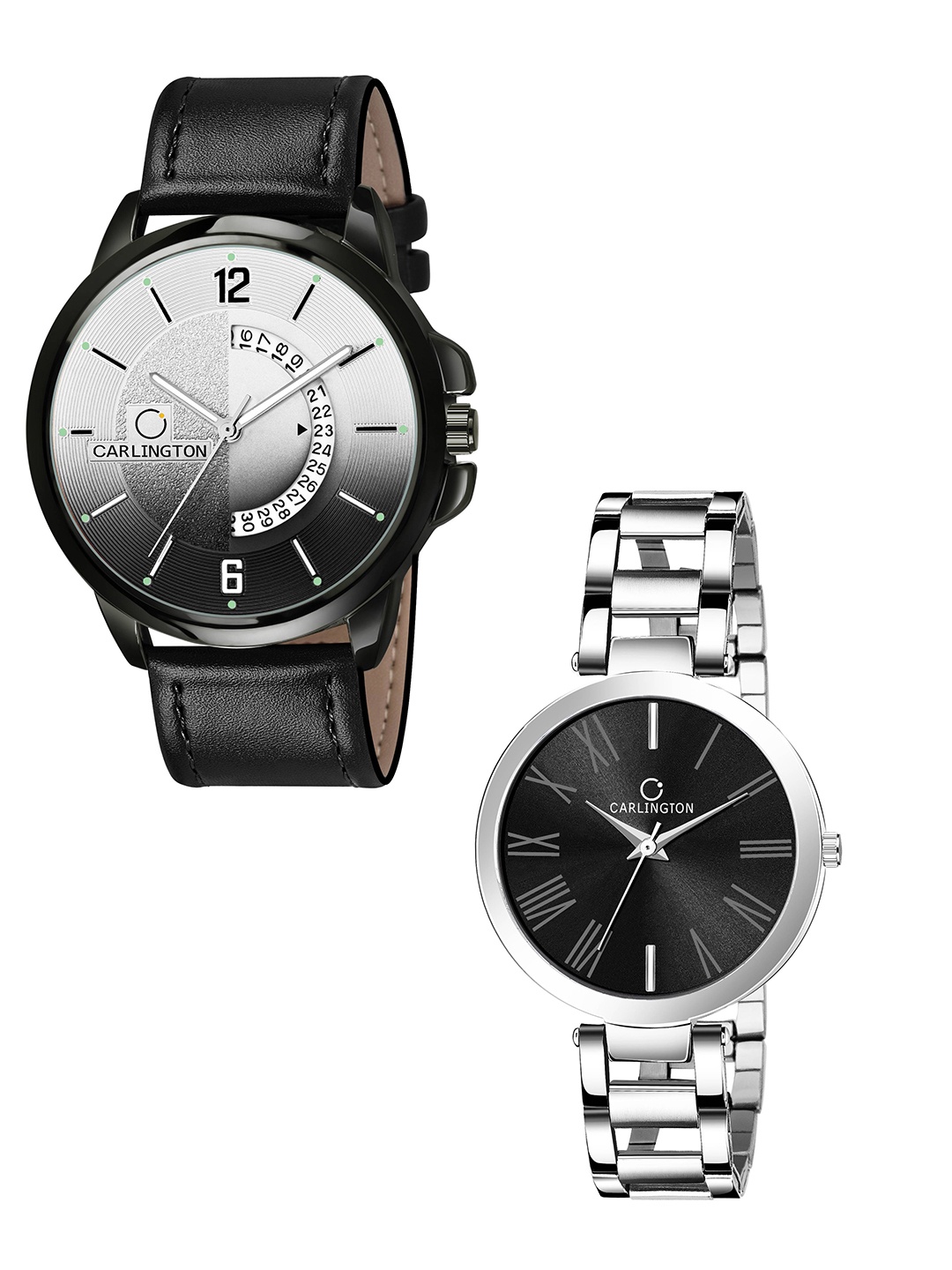 

CARLINGTON Unisex Silver Dial & Black Leather Straps Analogue Couple Watch CT1030 Black