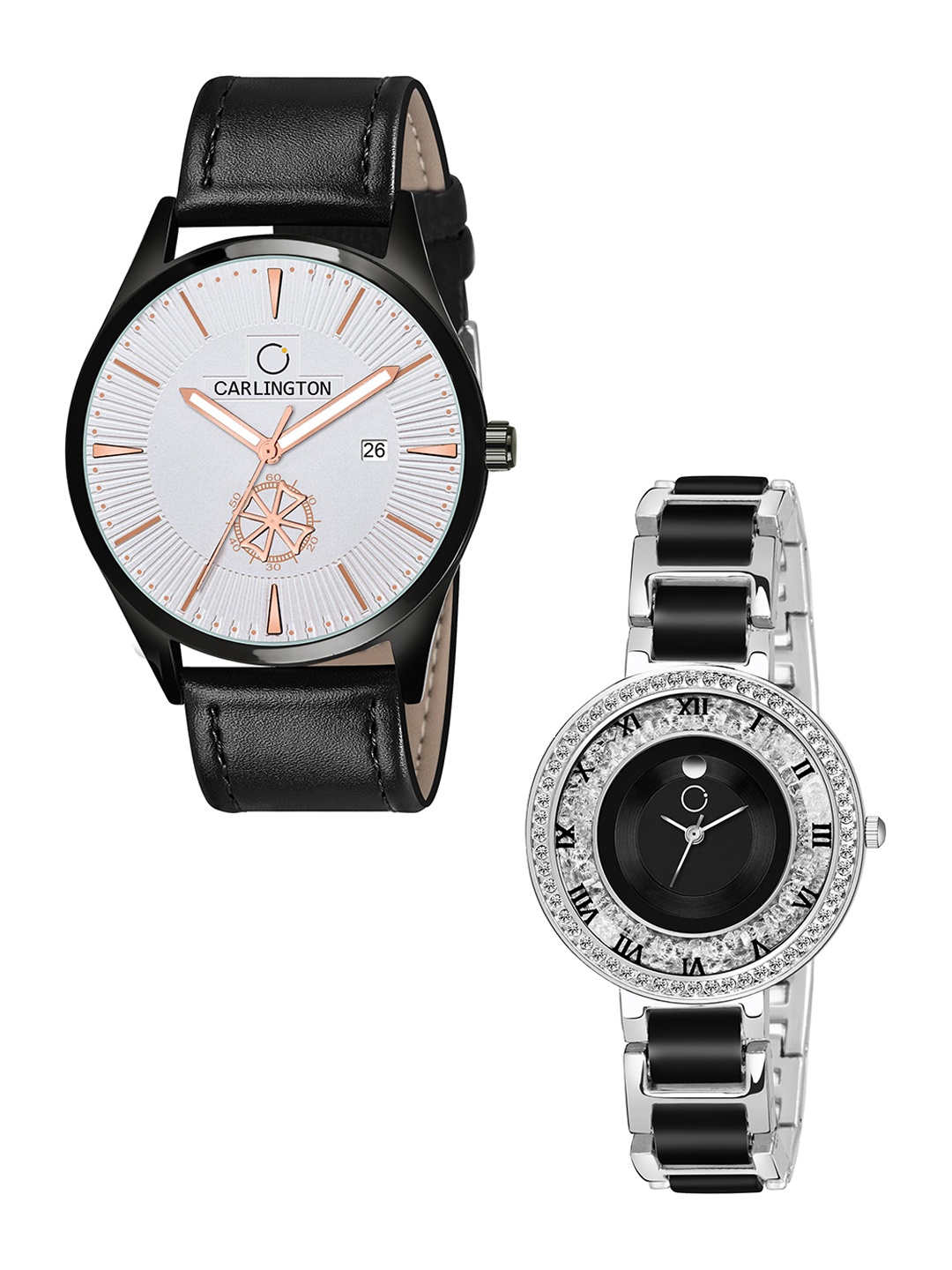 

CARLINGTON Unisex Silver Dial & Black Leather Straps Analogue Couple Watch CT1020