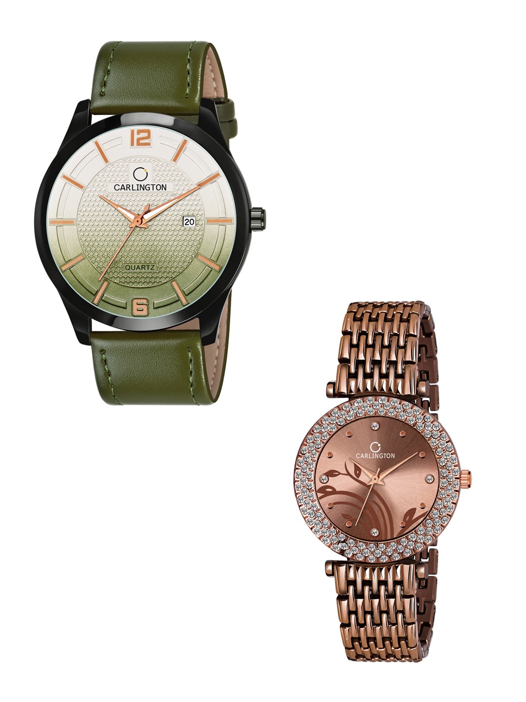 

CARLINGTON Unisex Silver Dial & Green Leather Straps Analogue Couple Watch CT1010 Green