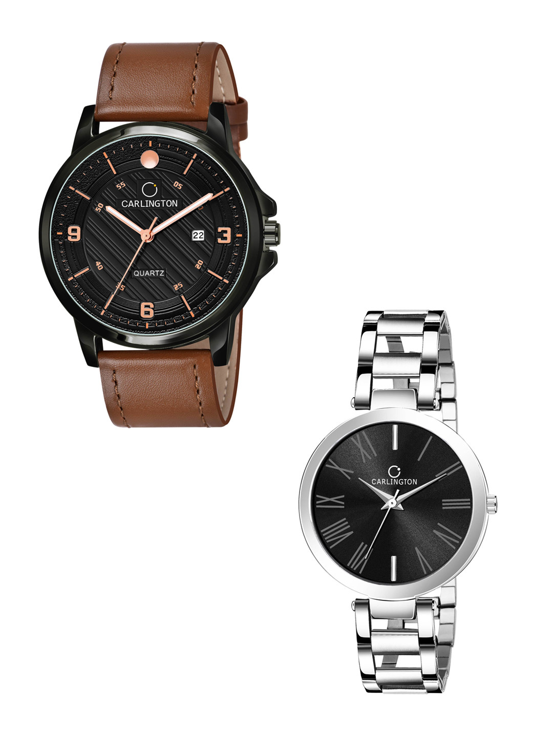 

CARLINGTON Unisex Black Dial & Tan Leather Straps Analogue Couple Watch CT1050 TanBlack