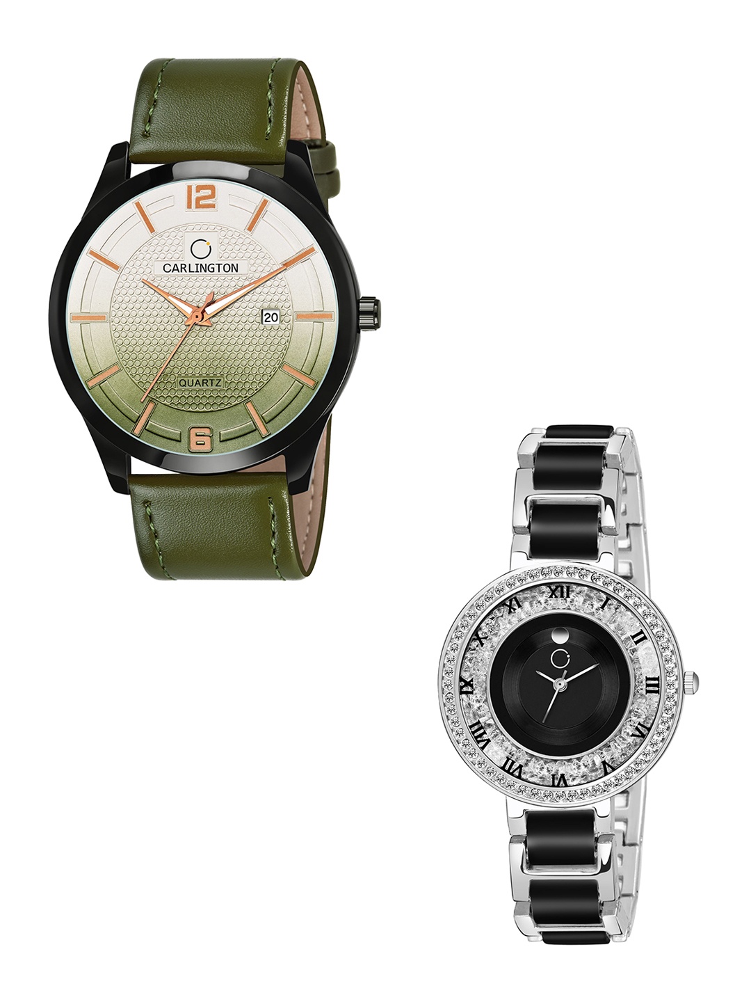 

CARLINGTON Unisex Silver Dial & Green Leather Straps Analogue Couple Watch CT1010 Green