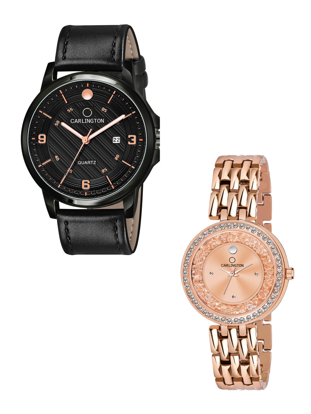 

CARLINGTON Unisex Black Dial & Black Leather Straps Analogue Couple Watch CT1050 Black