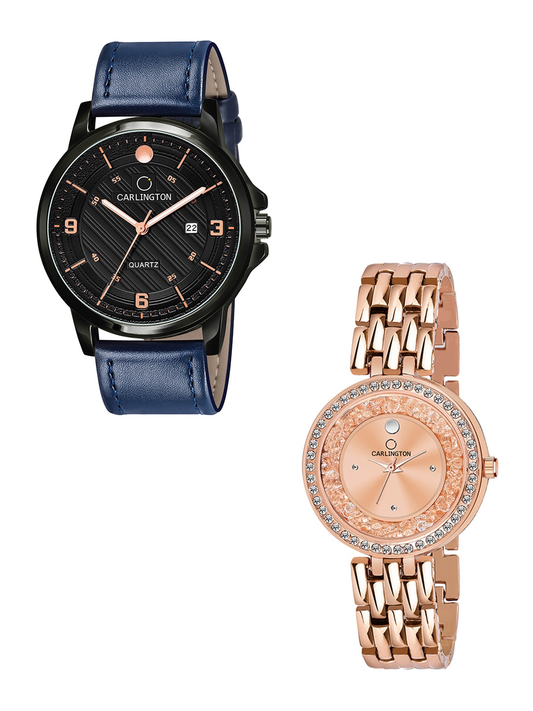 

CARLINGTON Unisex Black Dial & Blue Leather Straps Analogue Couple Watch CT1050 BlueBlack
