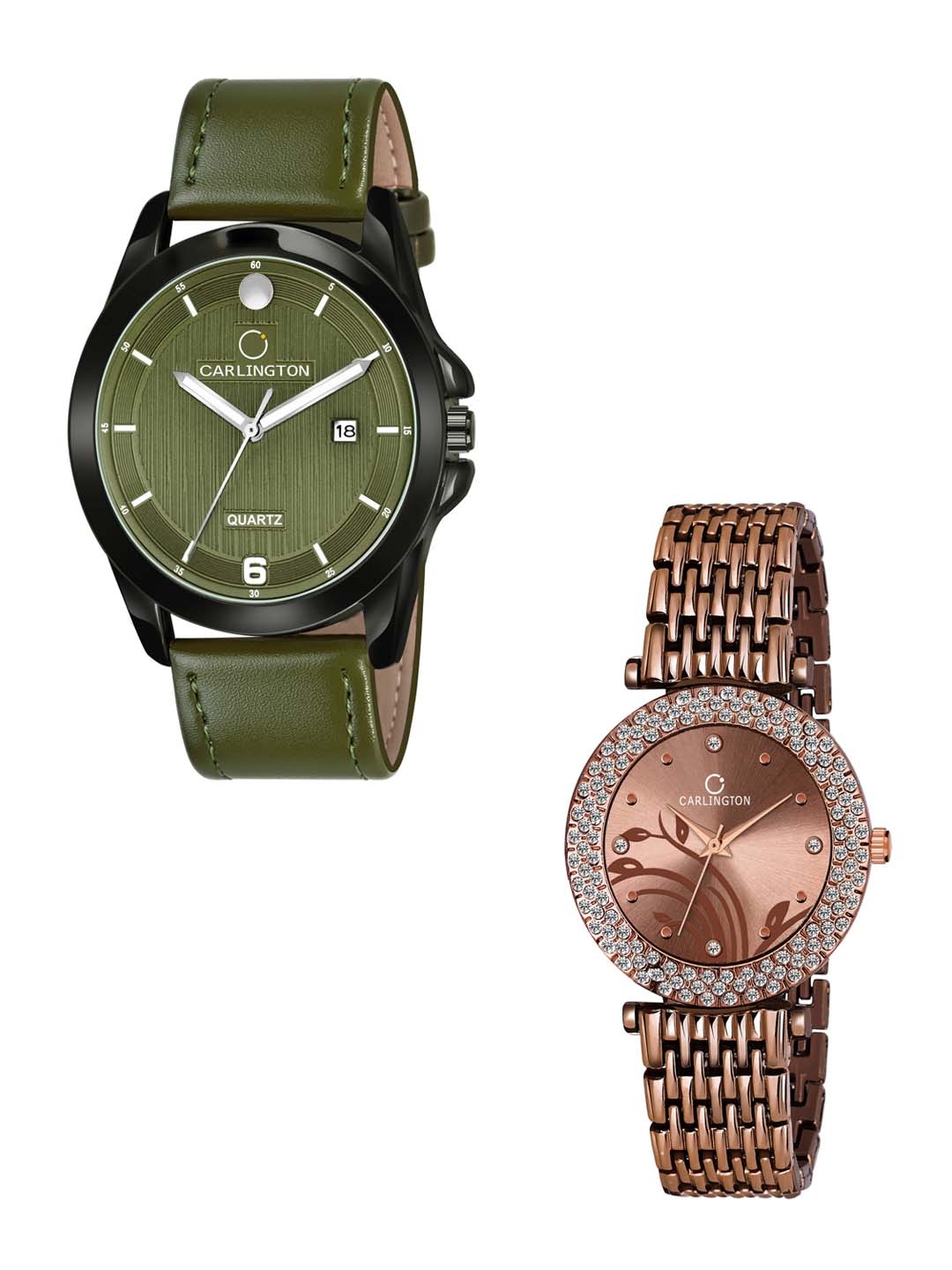 

CARLINGTON Unisex Green Dial & Green Leather Bracelet Style Analogue Couple Watch CT1040