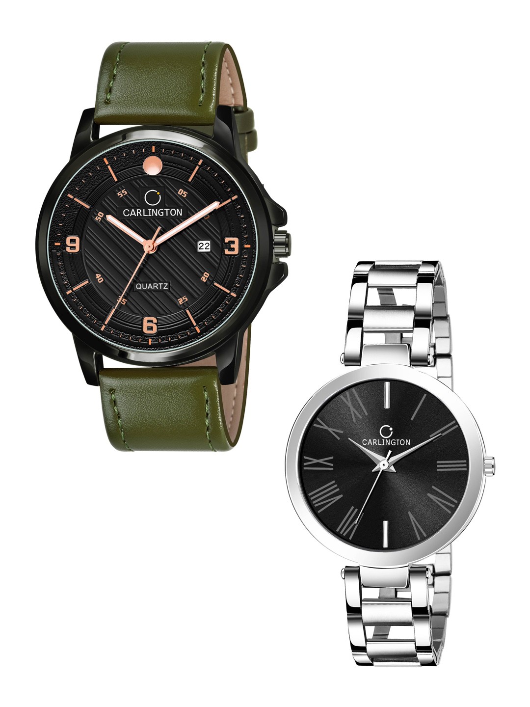 

CARLINGTON Unisex Black Dial & Green Leather Bracelet Style Analogue Couple Watch CT1050