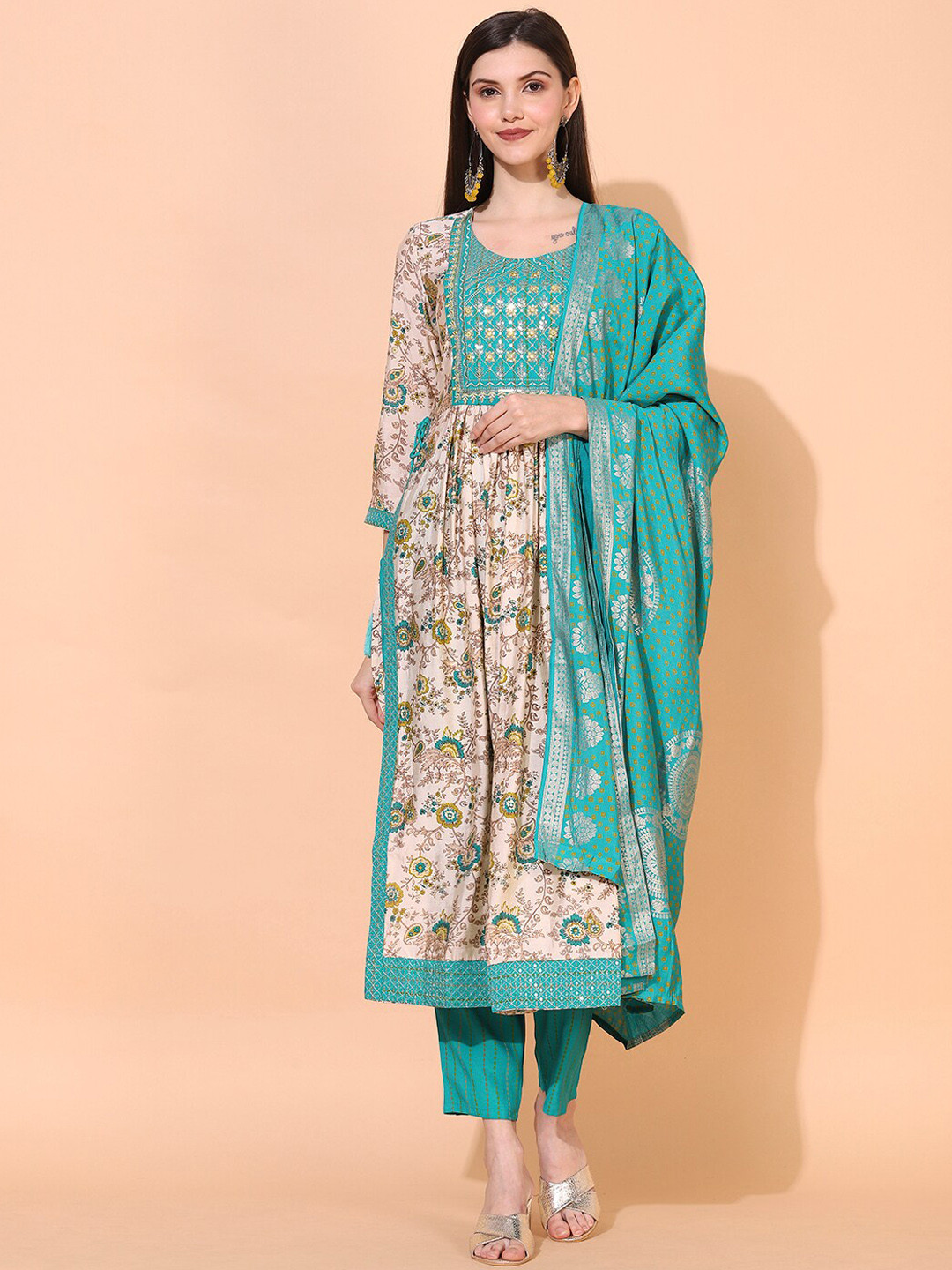 

FASHOR Women Cream-Coloured Floral Printed Kurta with Trousers & With Dupatta