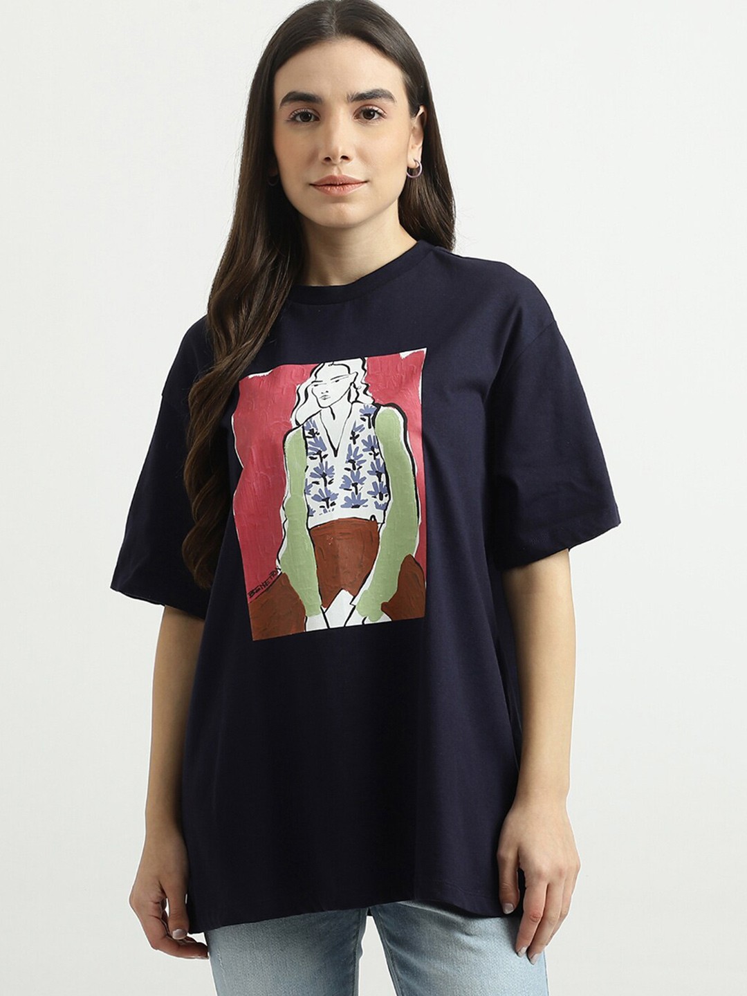 

United Colors of Benetton Women Navy Blue Printed Drop-Shoulder Sleeves T-shirt