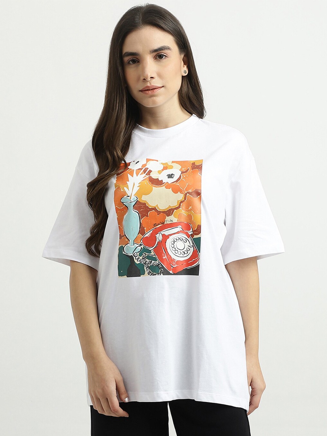 

United Colors of Benetton Women White Printed Drop-Shoulder Sleeves Cotton T-shirt