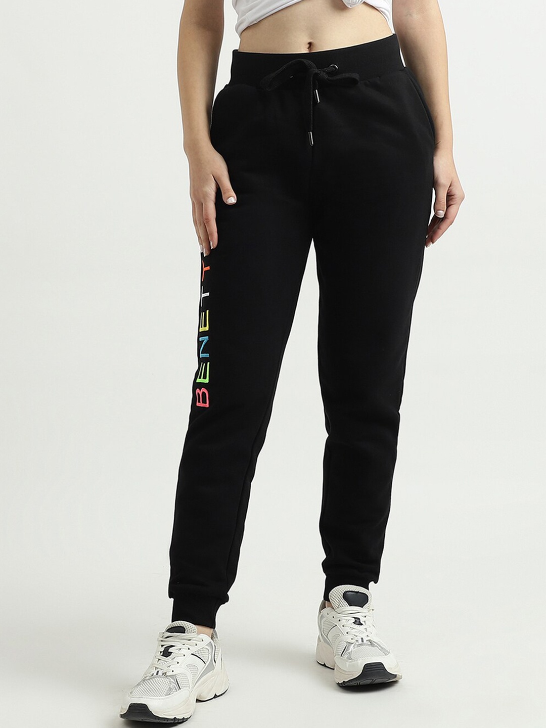 

United Colors of Benetton Women Black Brand Logo Printed Cotton Joggers