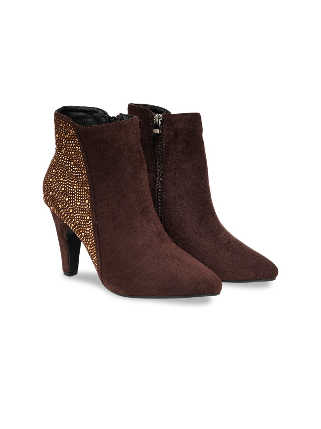 

SHUZ TOUCH Women Brown Embellished Heels Ankle Boots