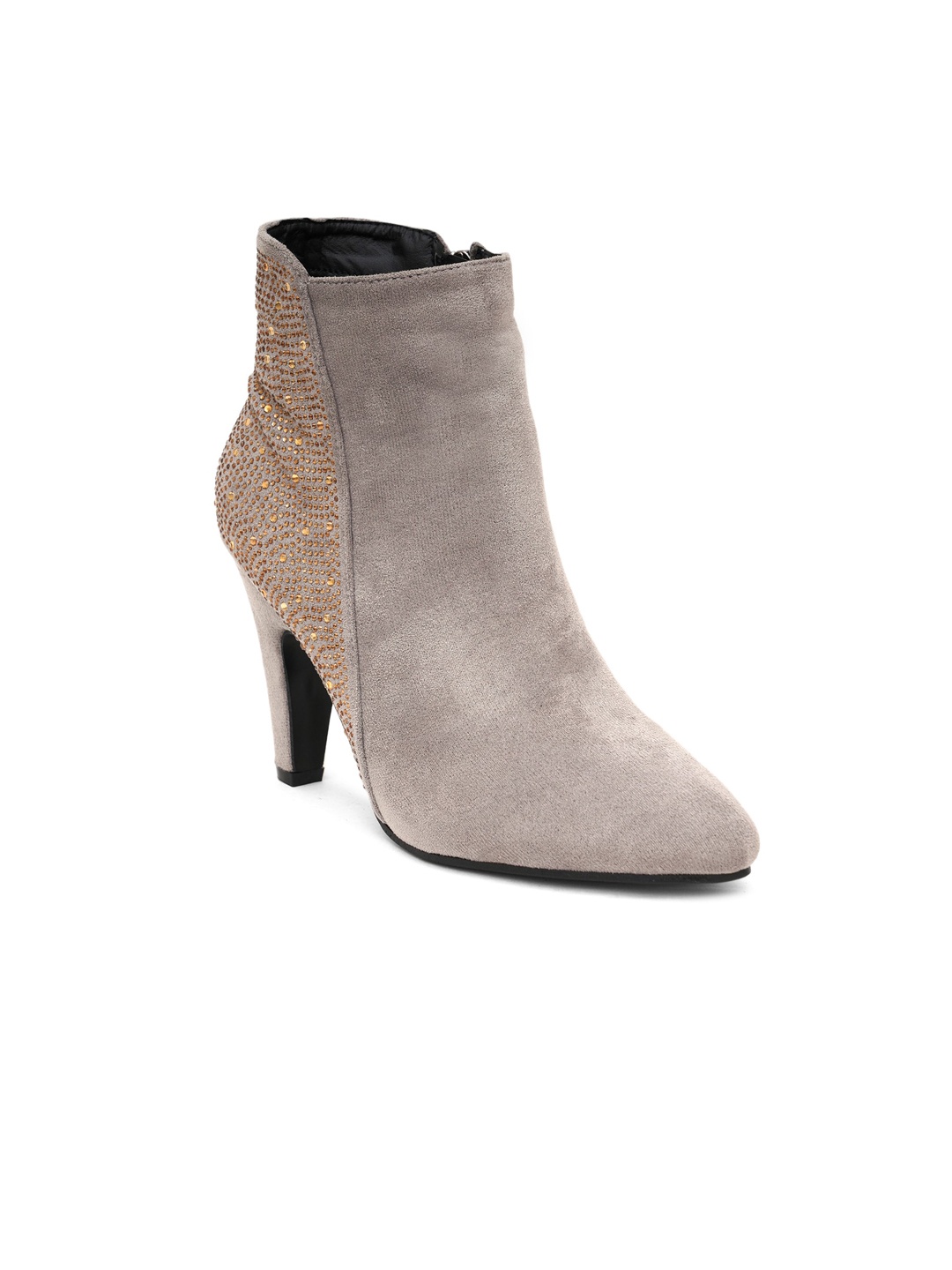 

SHUZ TOUCH Women Beige Studded Mid-Top Kitten Heeled Boots