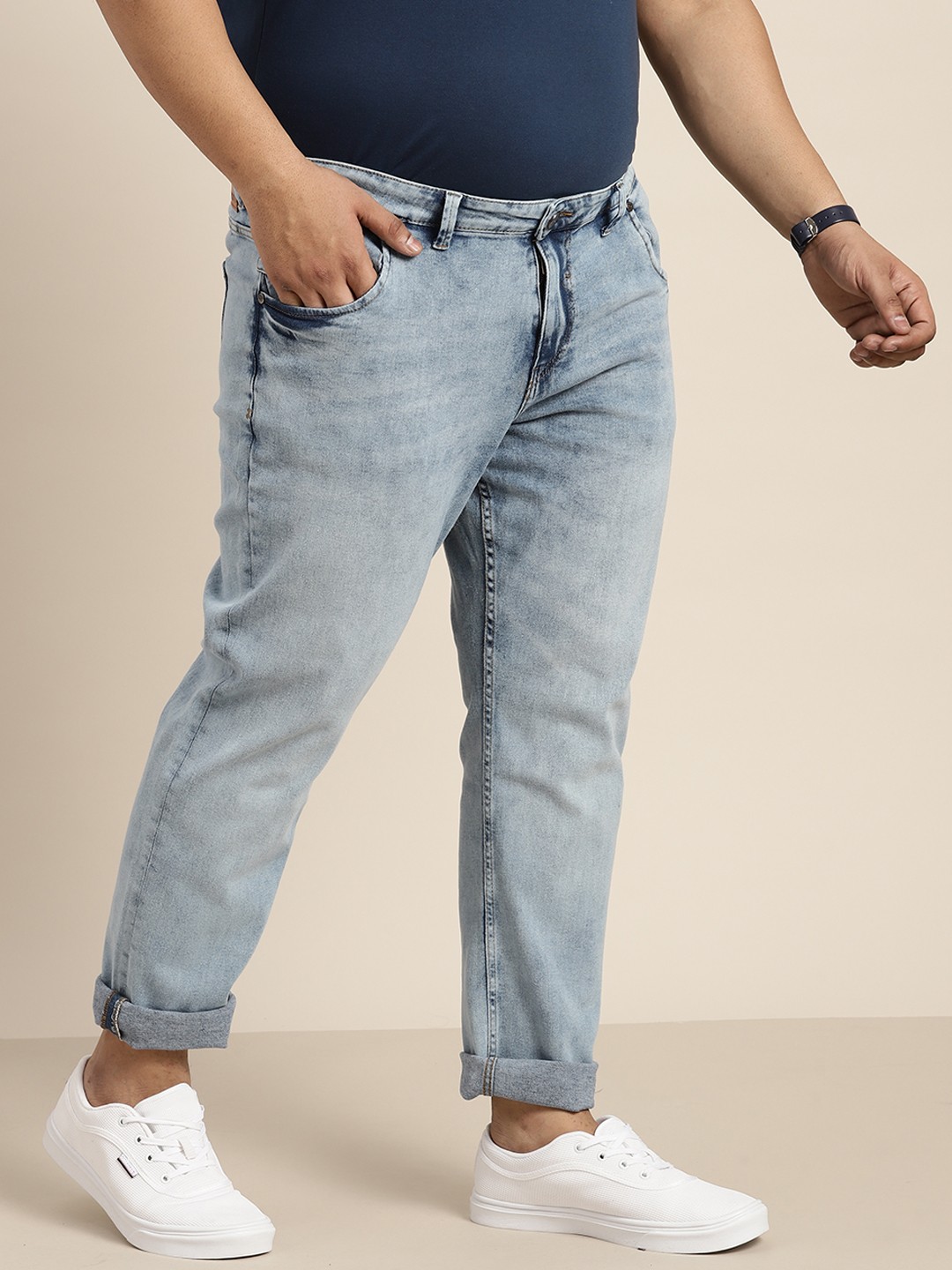

Sztori Men Plus Size Slim Tapered Fit Light Fade Stretchable Jeans, Navy blue