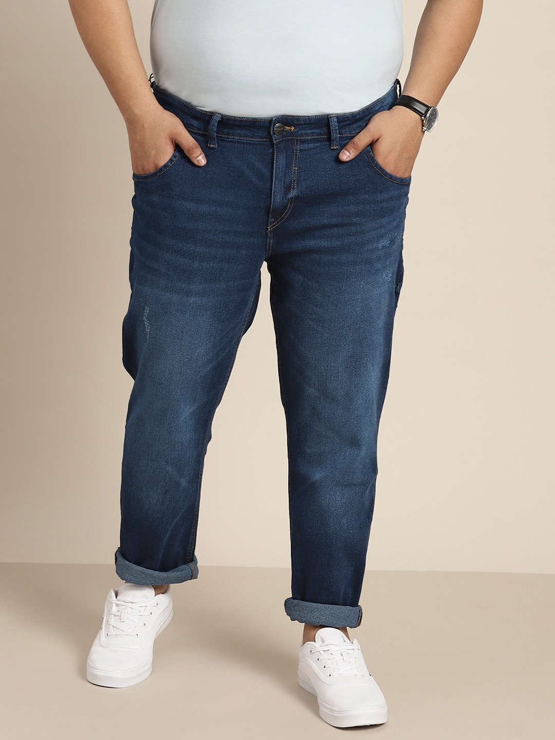 

Sztori Men Plus Size Slim Tapered Fit Light Fade Stretchable Jeans, Navy blue