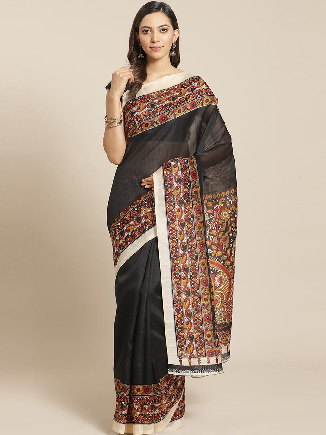 

Florence Black & Yellow Kalamkari Silk Blend Khadi Saree