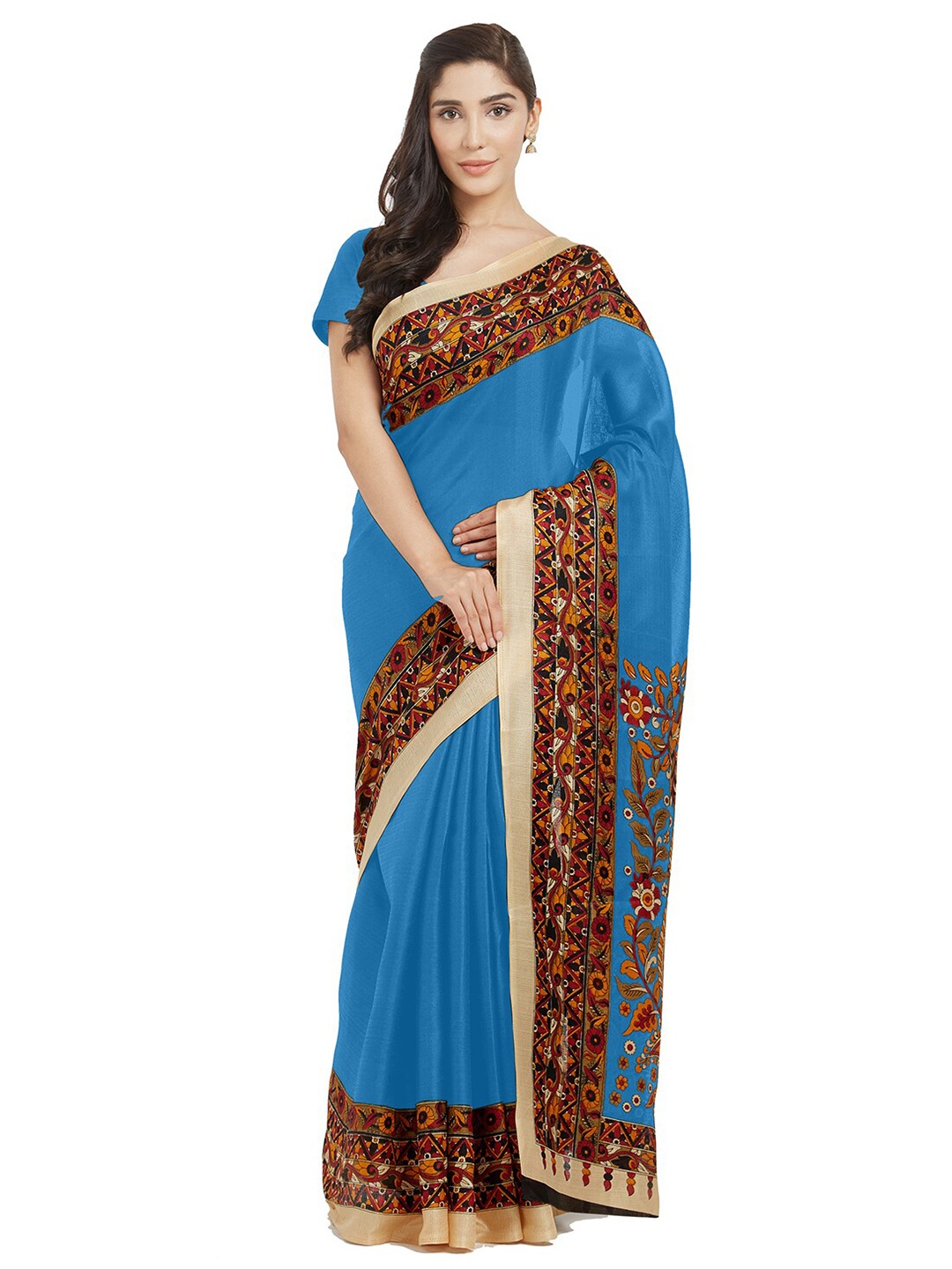 

Florence Turquoise Blue & Yellow Kalamkari Silk Blend Khadi Saree