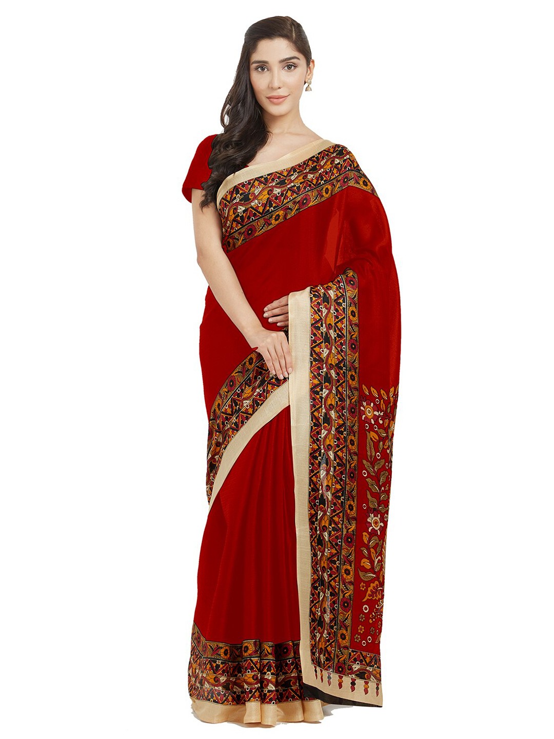

Florence Red & Orange Kalamkari Silk Blend Saree