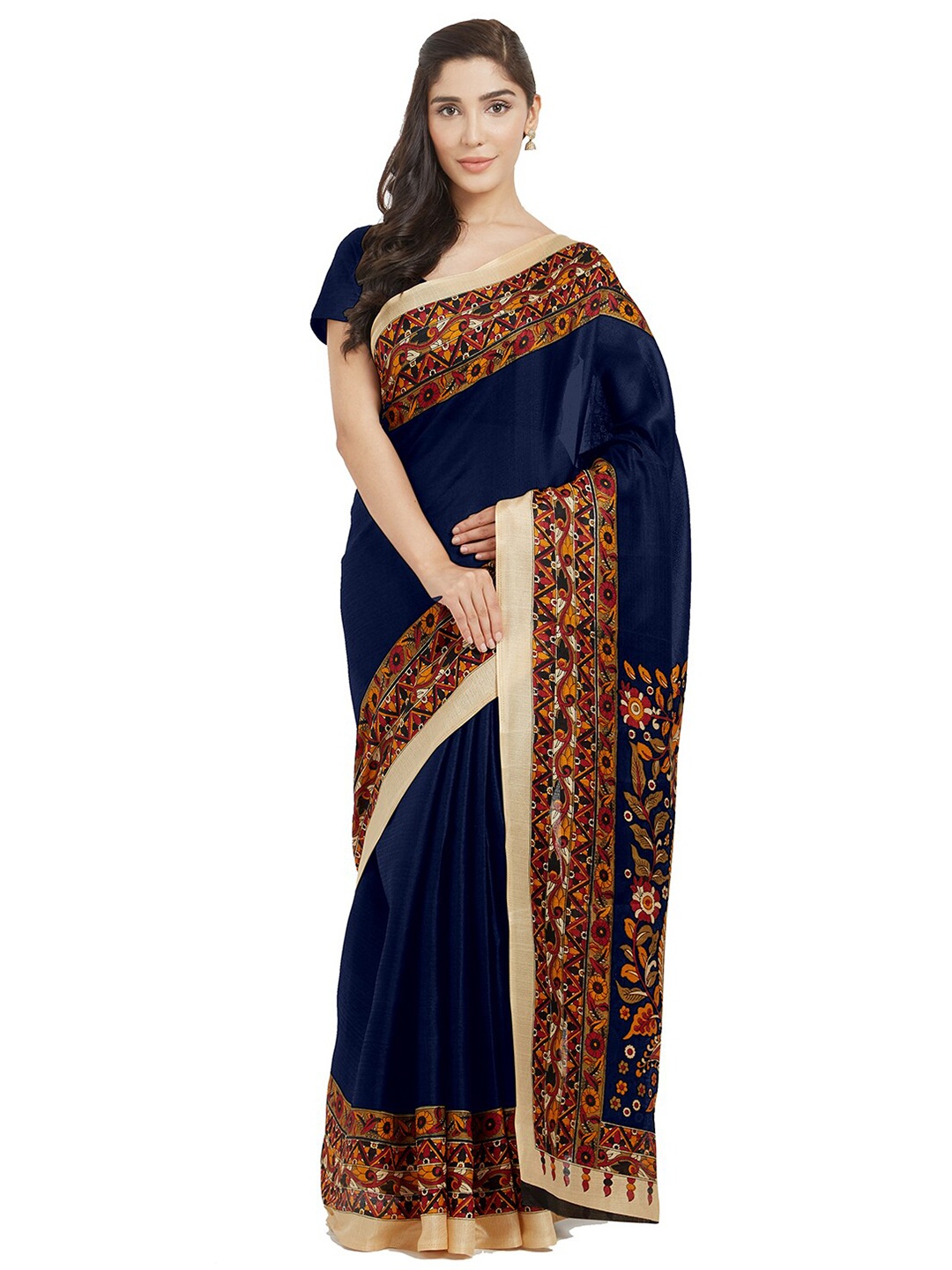 

Florence Navy Blue & Cream-Coloured Kalamkari Silk Blend Khadi Saree