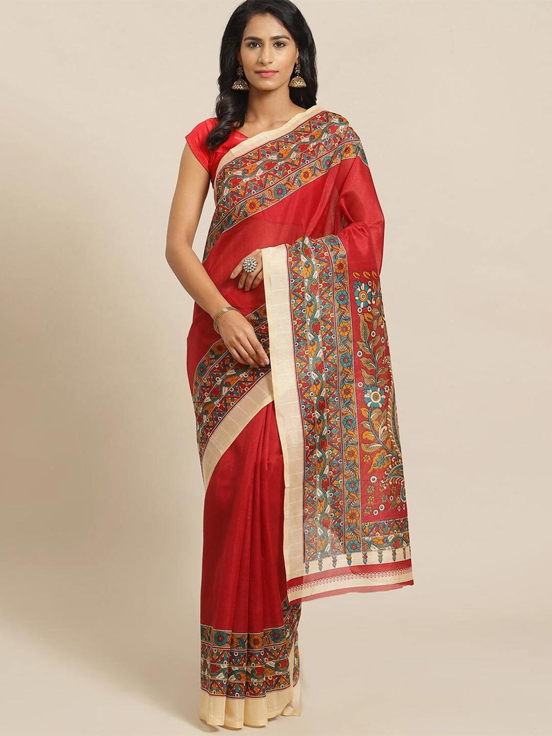 

Florence Red & Blue Kalamkari Silk Blend Khadi Saree