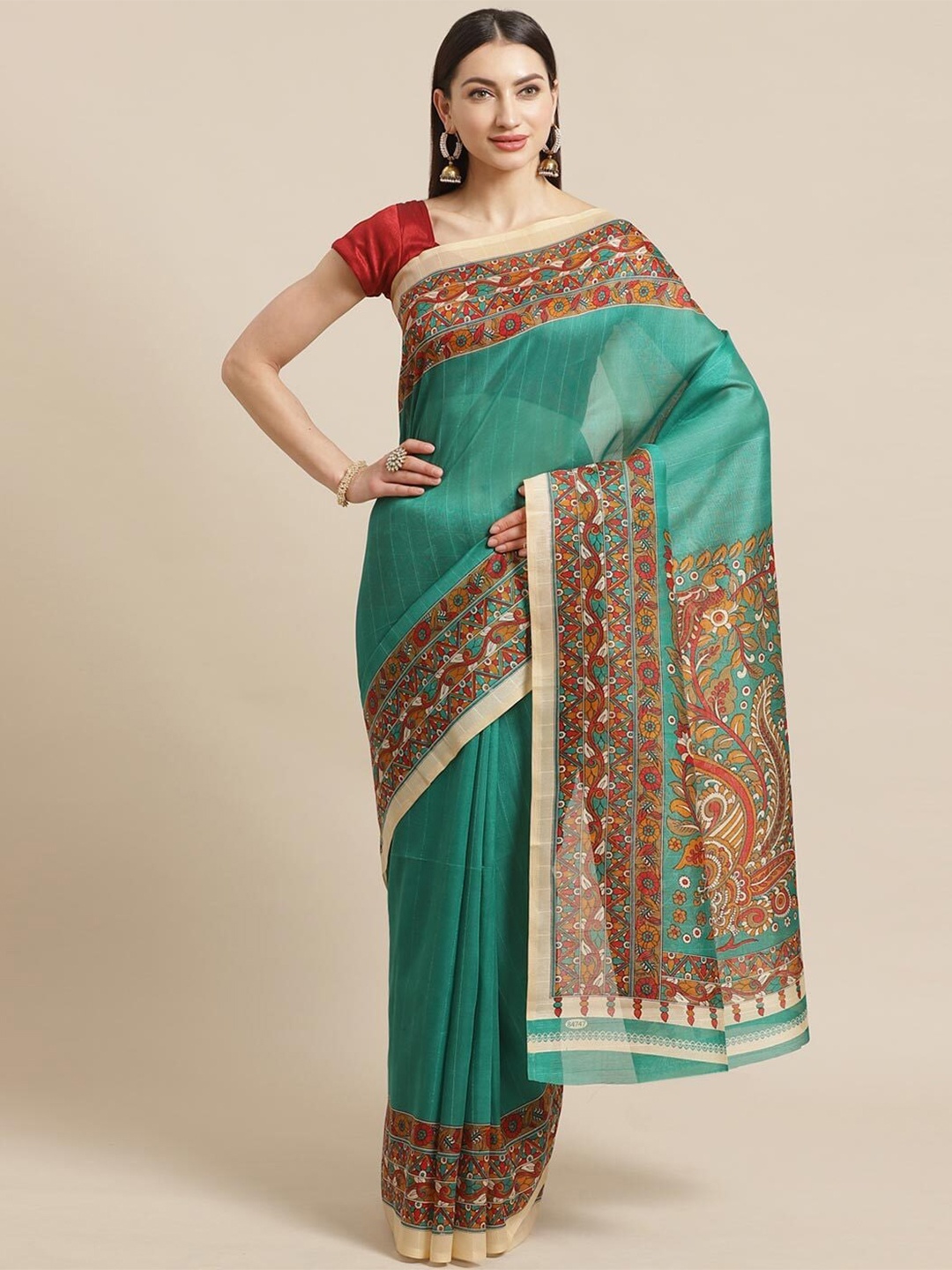 

Florence Sea Green & Red Kalamkari Silk Blend Saree