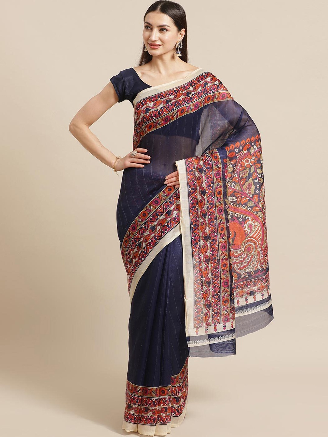 

Florence Navy Blue & White Kalamkari Khadi Saree