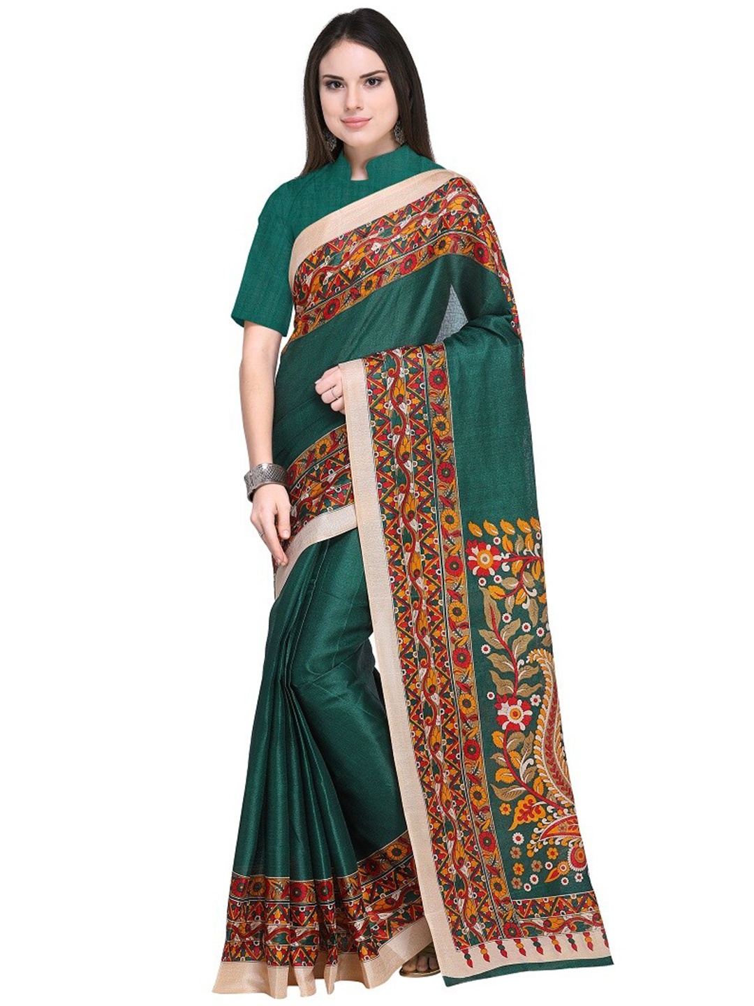

Florence Green & Red Kalamkari Silk Blend Khadi Saree