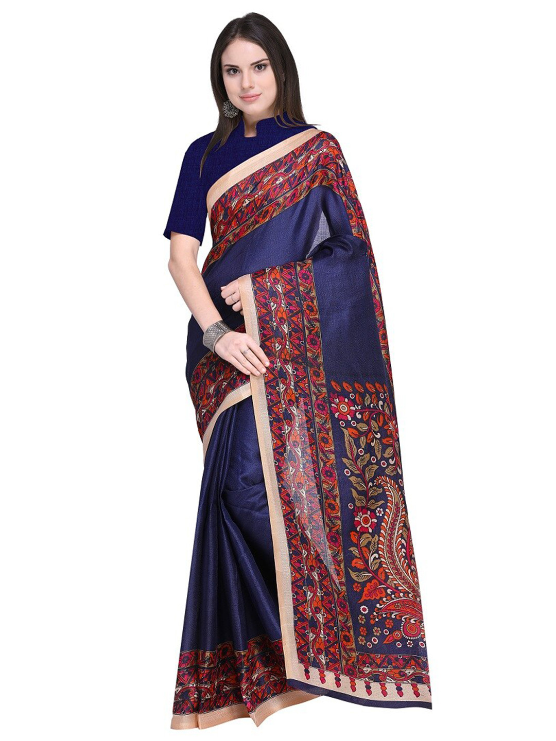 

KALINI Navy Blue & Orange Kalamkari Silk Blend Khadi Saree