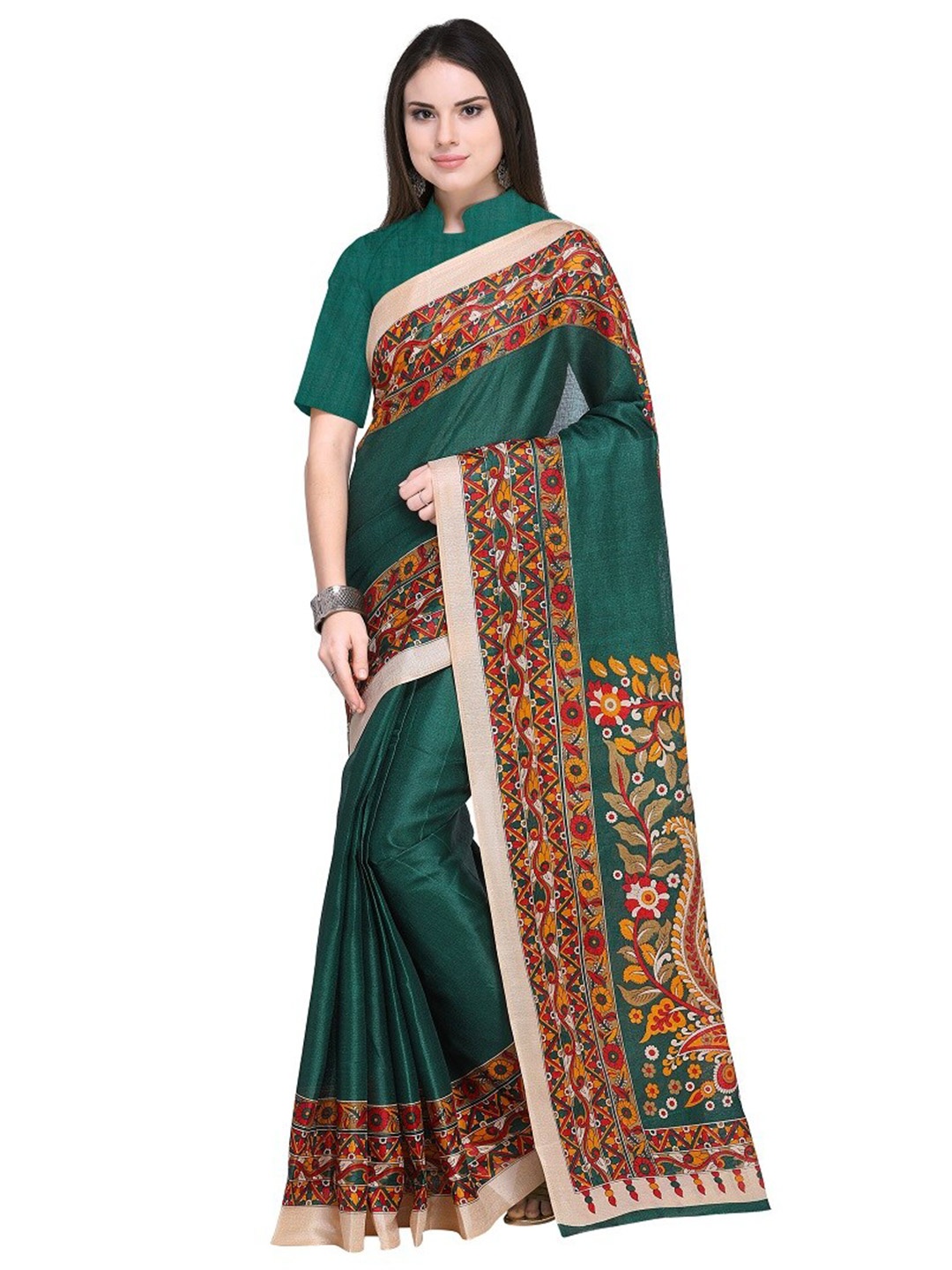

KALINI Green & Orange Kalamkari Silk Blend Khadi Saree