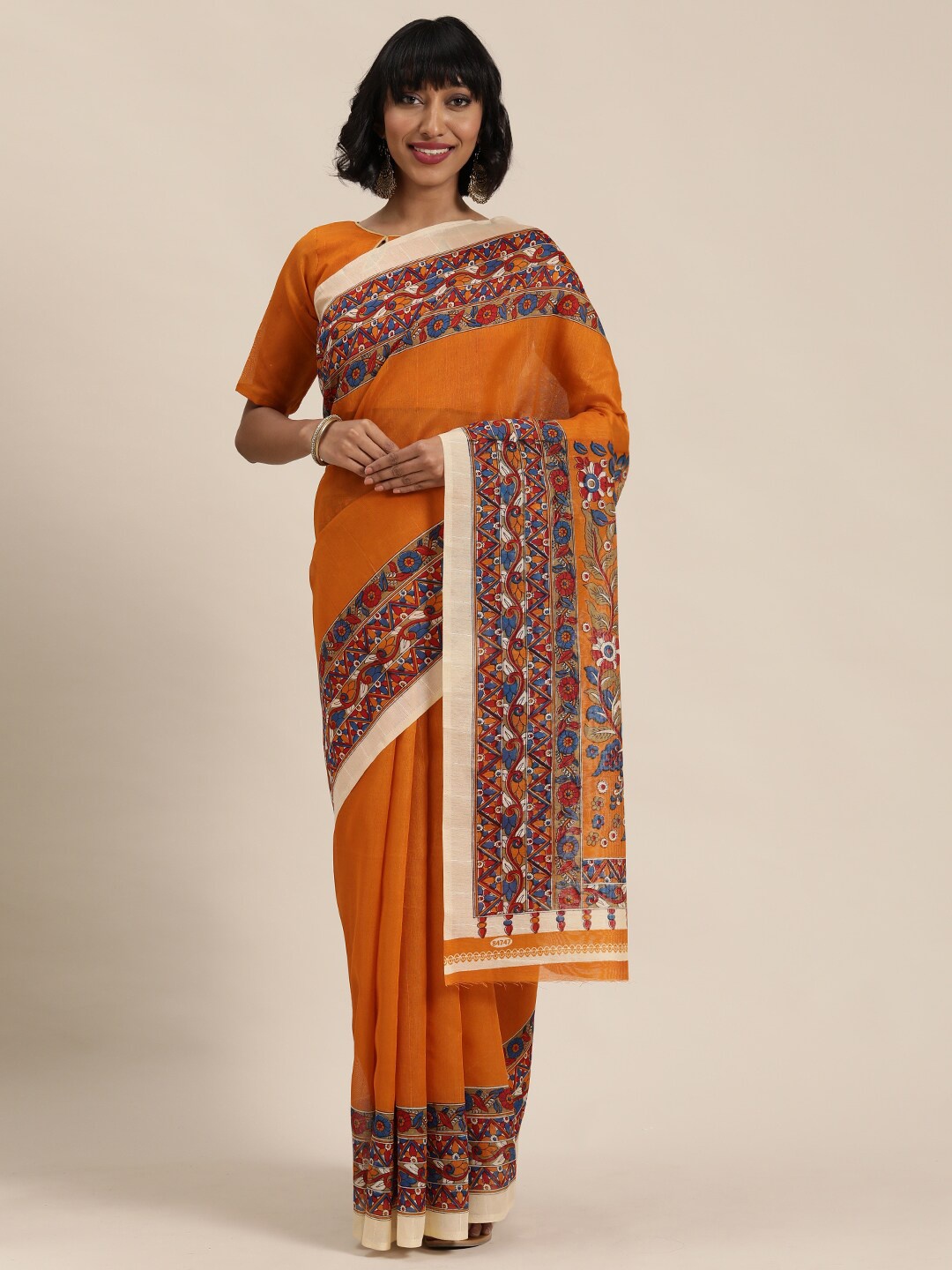

KALINI Mustard & Blue Kalamkari Khadi Saree
