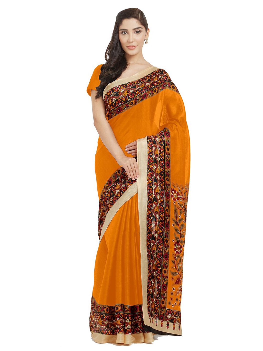 

KALINI Mustard & White Kalamkari Silk Blend Khadi Saree