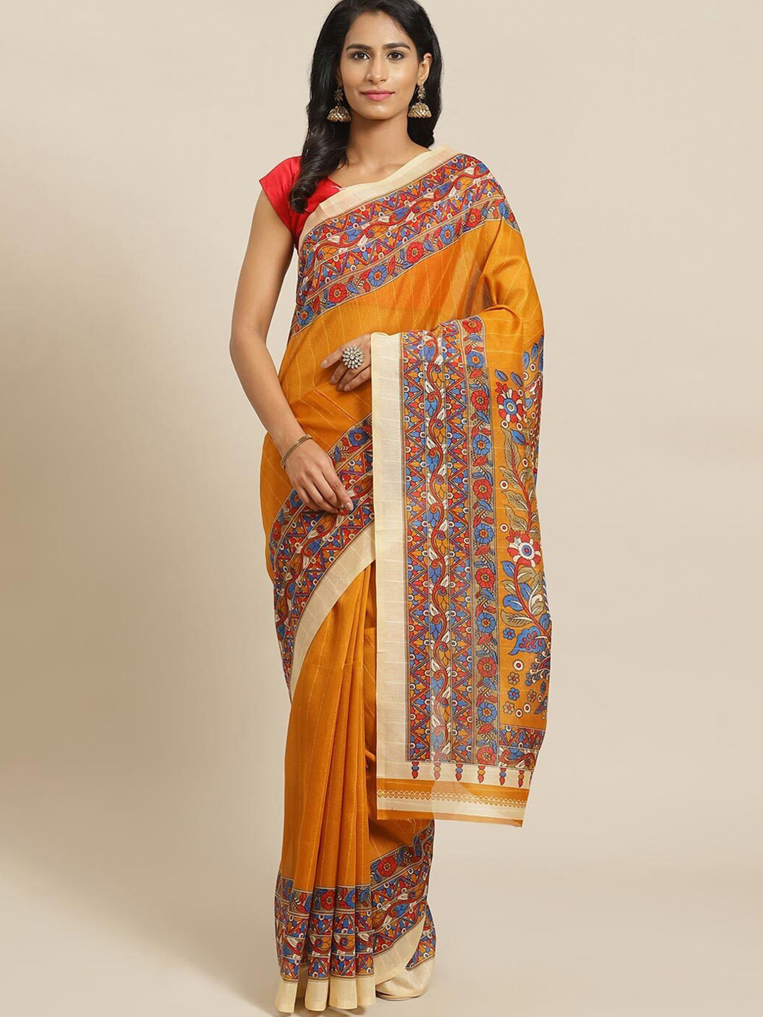 

KALINI Mustard & Blue Kalamkari Silk Blend Khadi Saree