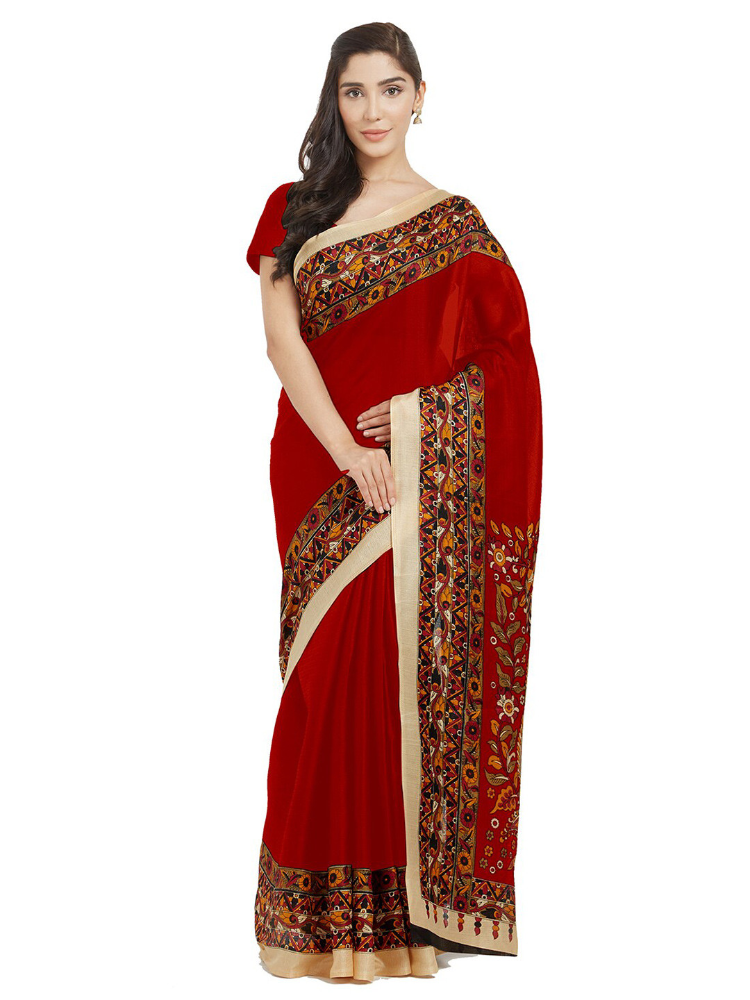 

KALINI Red & Black Kalamkari Khadi Saree
