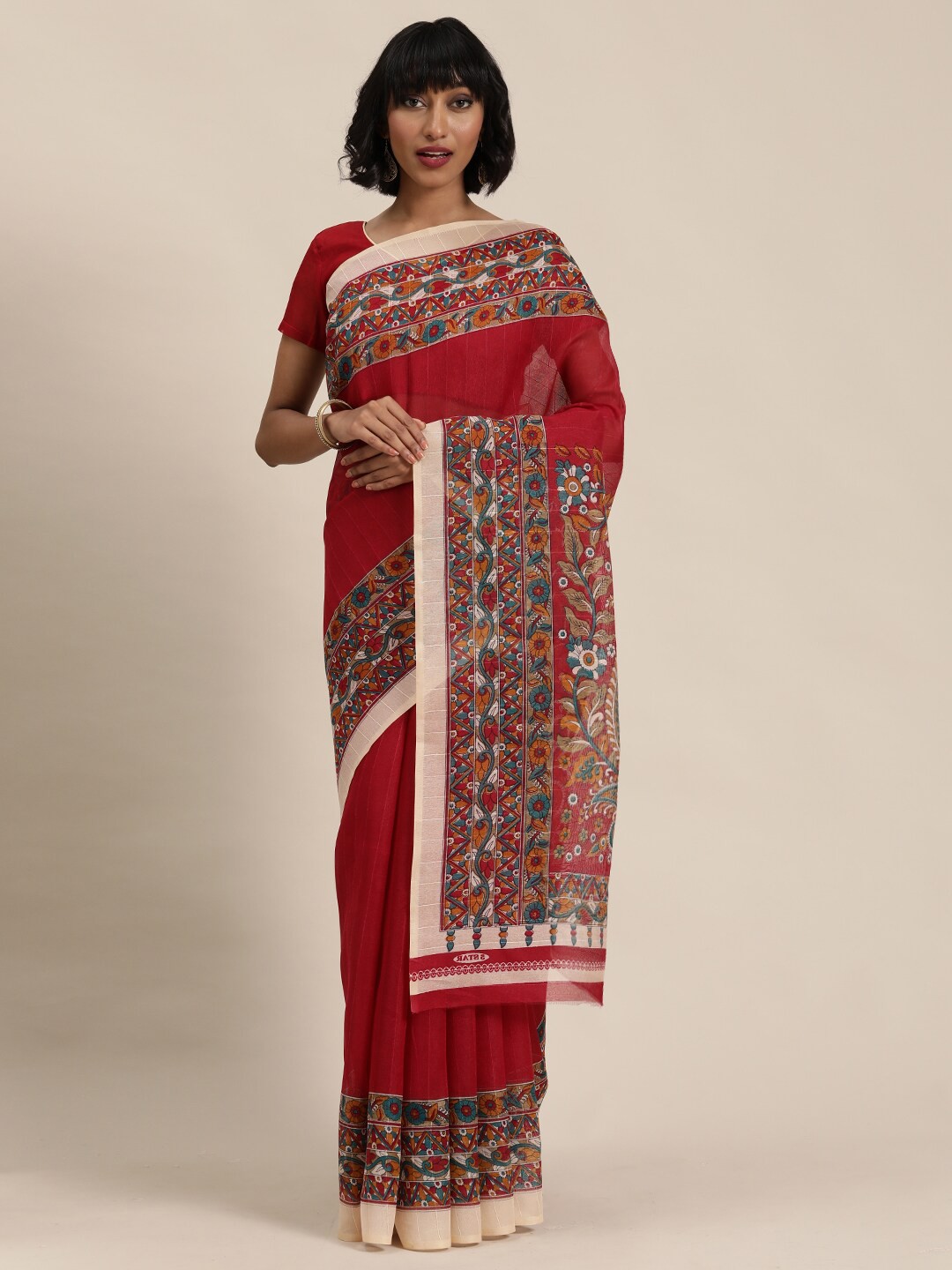 

KALINI Red & Blue Kalamkari Silk Blend Saree