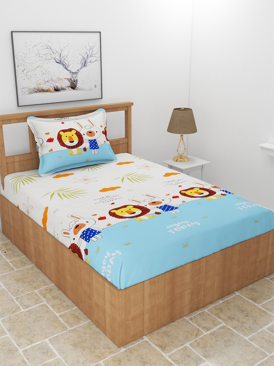 

MORADO White & Blue Cartoon Characters 210 TC Single Bedsheet with 1 Pillow Covers