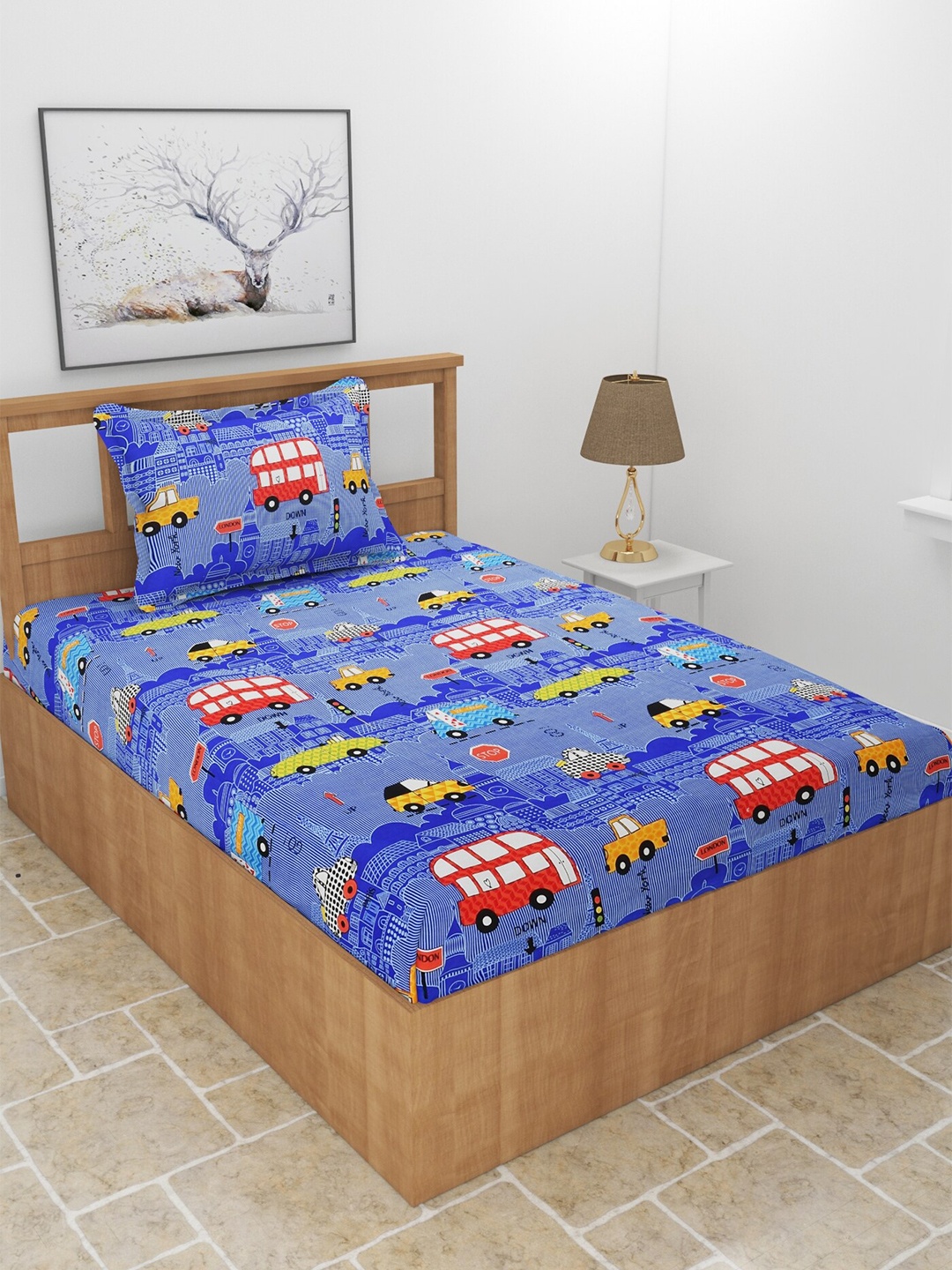 

MORADO Blue & Red Conversational 210 TC Single Bedsheet with 1 Pillow Covers