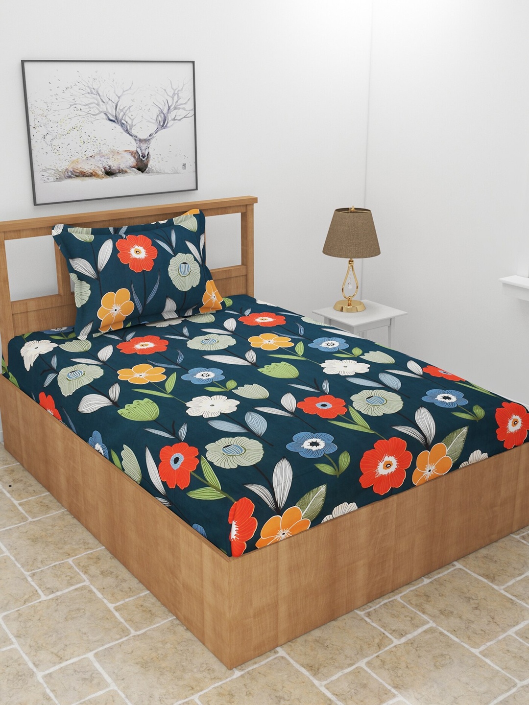 

MORADO Blue & Orange Floral 180 TC Single Bedsheet with 1 Pillow Cover