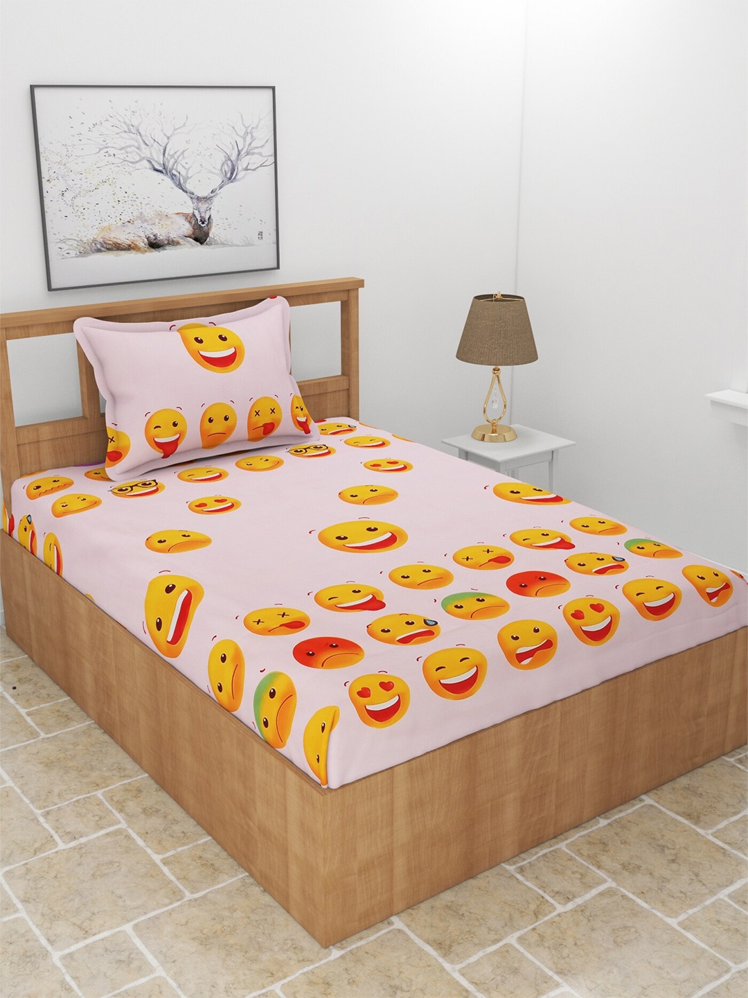 

MORADO Pink & Orange Cartoon Characters 210 TC Single Bedsheet with 1 Pillow Covers