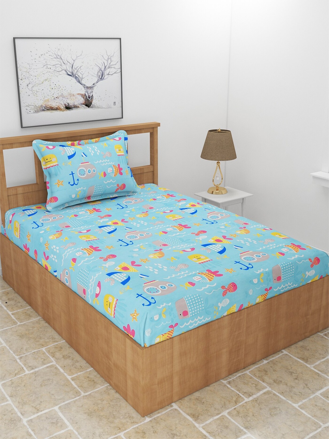 

MORADO Blue & Yellow Graphic 210 TC Single Bedsheet with 1 Pillow Covers