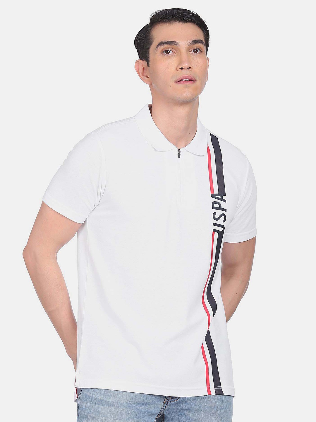 

U S Polo Assn Men White & Charcoal Striped Regular Fit T-shirt