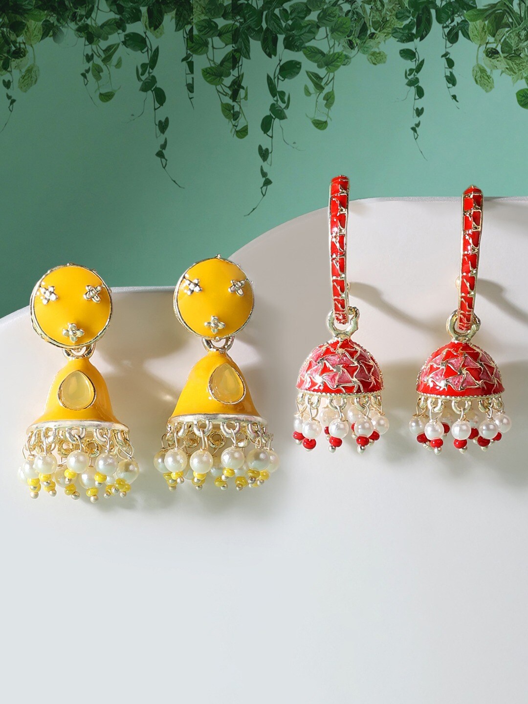 

Zaveri Pearls Women Yellow 2 Contemporary Jhumkas Earrings