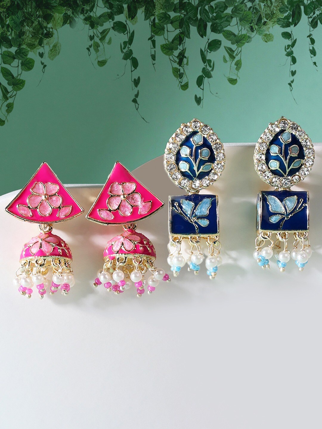 

Zaveri Pearls Set of 2 Blue & Pink Gold Plated Contemporary Drop Earrings
