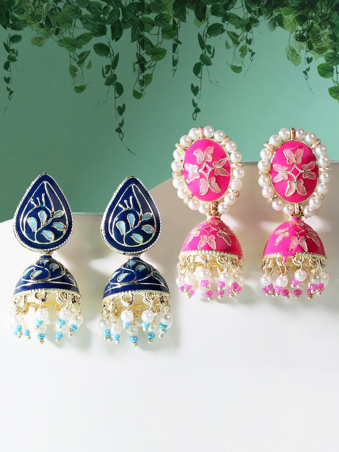 

Zaveri Pearls Set of 2 Blue & Pink Dome Shaped Jhumkas Earrings