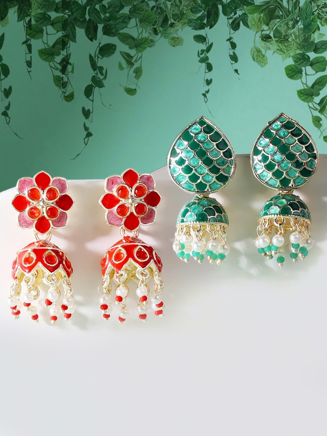 

Zaveri Pearls Set of 2 Red & Green Dome Shaped Jhumkas Earrings